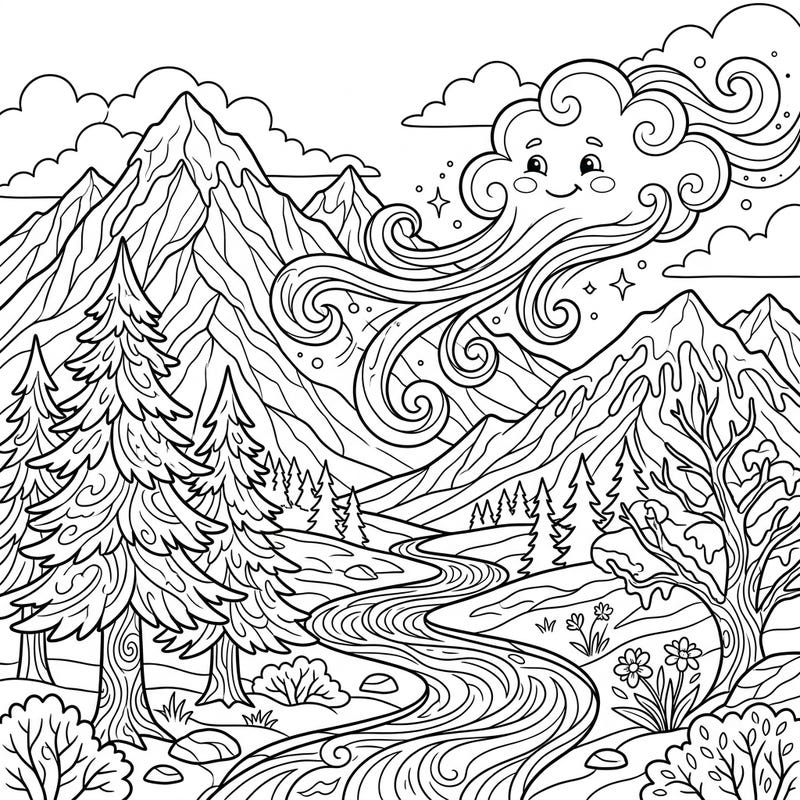 Dive into a charming mountain landscape where a friendly Chinook wind cloud playfully swirls above peaks and valleys. This engaging full scene coloring page is designed for kids to explore nature's beauty with their crayons.