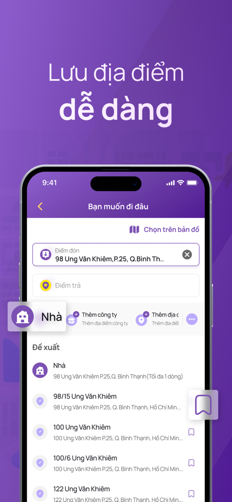 MOOVTEK - Pantalla de la aplicación de transporte vietnamita para guardar ubicaciones y buscar destinos