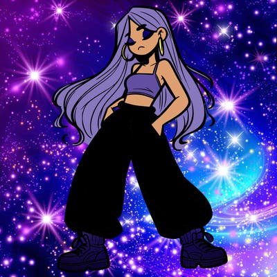 girl in baggy pants crop top and long hair