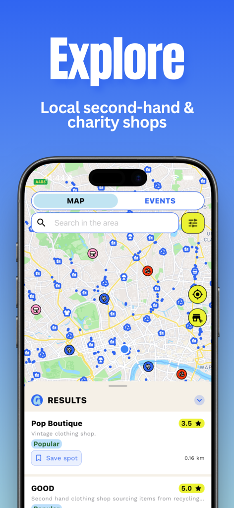 Ganddee: Second Hand Shops Map - Un écran de téléphone montrant l'interface de la carte de l'application Ganddee avec des épingles pour les boutiques solidaires et de seconde main locales.