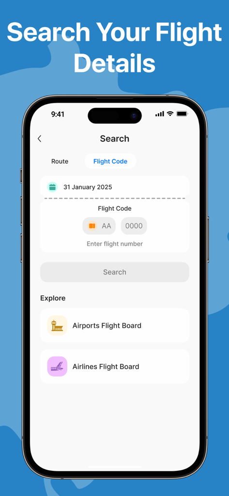 Interface da tela de busca de voos do aplicativo Flight Tracker para encontrar voos por código ou rota