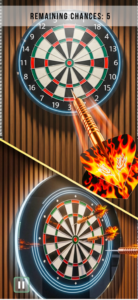 Dart Games 3D: Arrow Master - Captura de pantalla del juego que muestra un dardo con patrón de llama volando hacia una diana de dardos de madera.