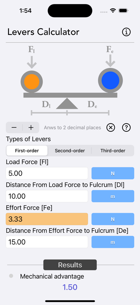 Levers Calculator - Levers Calculator app interface showing a physics calculation for a first-order lever including load force and mechanical advantage