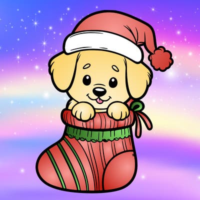 cute puppy wearing santa hat in socking