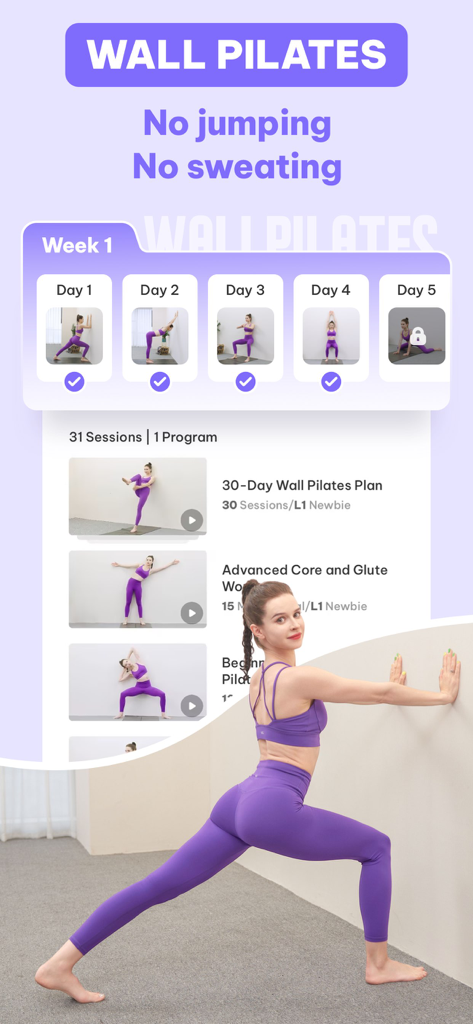 ウォールピラティスのワークアウトスケジュールとエクササイズをしている女性を表示するDaily Yogaアプリのインターフェース