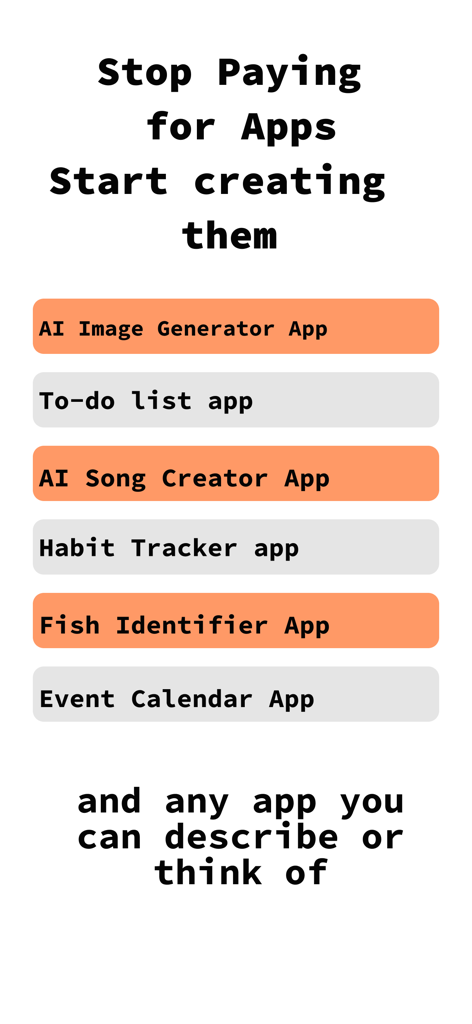 Interfaz de aplicación que muestra opciones para crear varias aplicaciones como rastreadores de hábitos y generadores de imágenes usando IA.