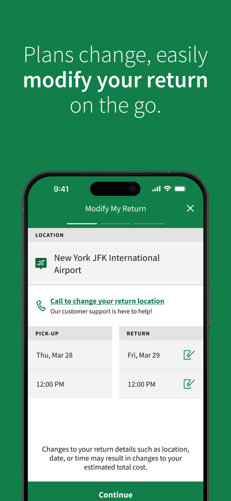 Enterprise Rent-A-Car - Smartphone screen showing the Enterprise Rent-A-Car app interface to modify car rental return details