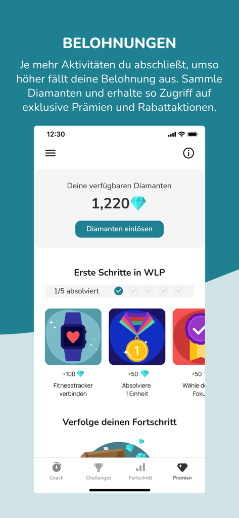 WorkLifePortal app interface showing user rewards points and earned diamonds for fitness activities