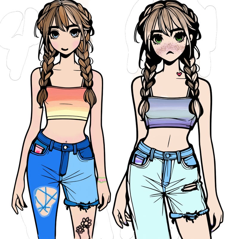 a realistic teen with two plats and some bangs wearing ripped jeans and a cut crop top