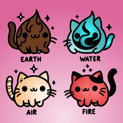 4 cats that represent the different elements, earth, water, air, and fire