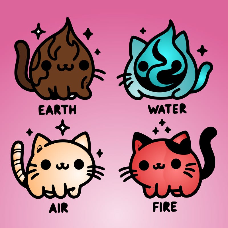 4 cats that represent the different elements, earth, water, air, and fire