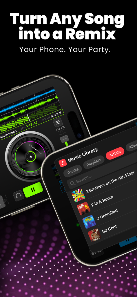 DJ Mixer App: ClubDJ Pro FX - DJ mixer interface showing a turntable and a music library list on two smartphones
