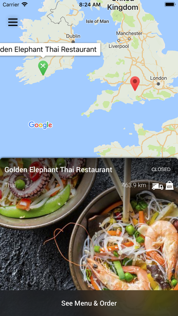 Pantalla de la app G-Thai mostrando la ubicación del restaurante en un mapa y una vista previa de platos de comida tailandesa
