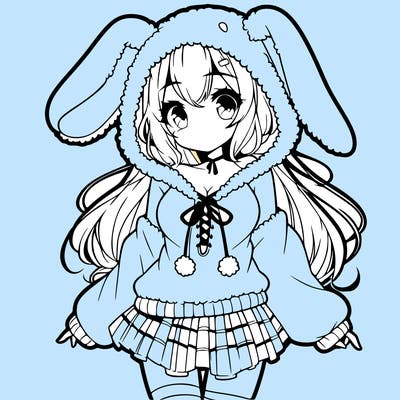 pretty anime girl wearing a fluffy hoodie with bunny ears on the hood and a skirt
