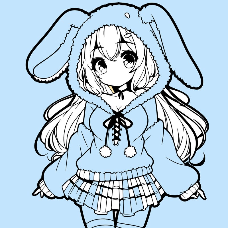 pretty anime girl wearing a fluffy hoodie with bunny ears on the hood and a skirt