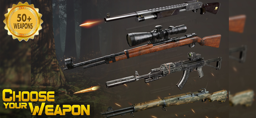 Wild Deer Hunt Games - A weapon selection screen featuring various hunting rifles shotguns and a badge indicating over fifty weapons available