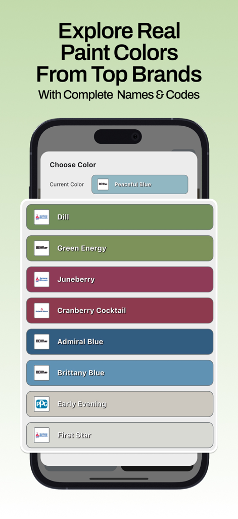 Écran mobile montrant une sélection de vraies couleurs de peinture des meilleures marques avec noms et codes