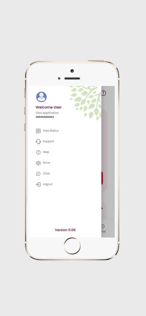 QMC App - Sidebar menu of the QMC App displaying navigation options for visa status, support, and help during the Qatar visa medical process.