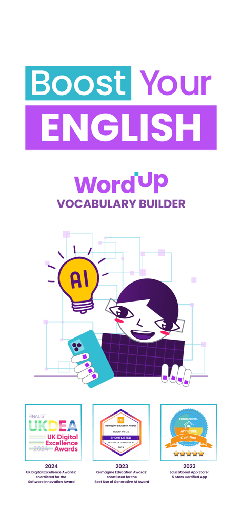 Promotional graphic for WordUp Vocabulary Builder featuring awards and an AI learning illustration.