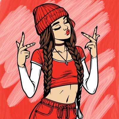 realistic teenage girl with braids and a beanie and crop top doing 🫶🏼