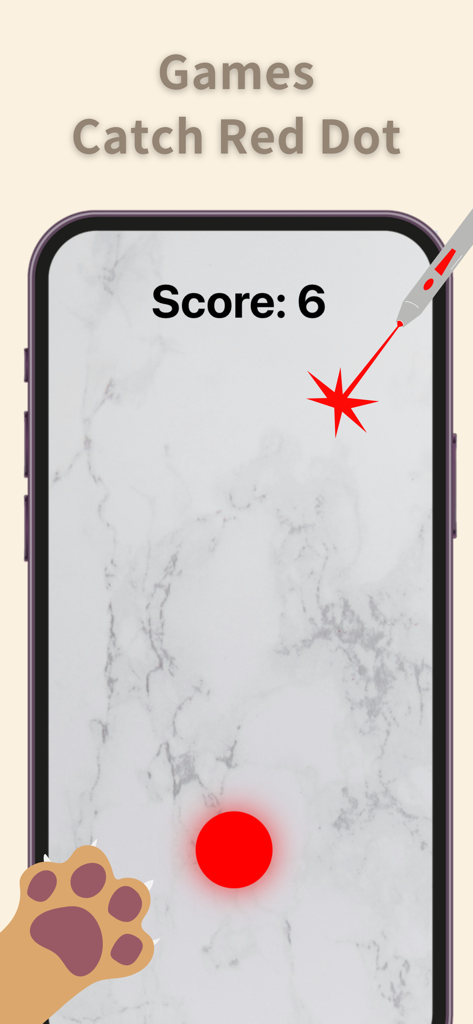 Un écran d'application mobile pour chats présentant un jeu de pointeur laser rouge et un compteur de score.