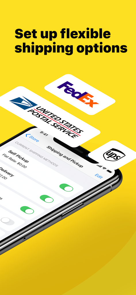 Ecwid Ecommerce - Interface mobile de l'application Ecwid montrant la configuration pour l'expédition et le retrait avec les logos FedEx, USPS et UPS.