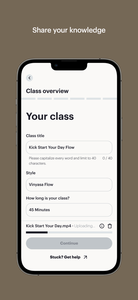 Screenshot of the Glo Business app class creation interface featuring fields for class title, style, duration, and a video file upload progress tracker.