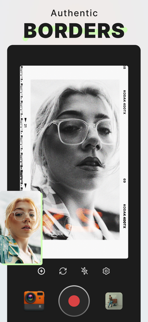 reFilm: Vintage Camera Filters - The reFilm app interface showing a black and white portrait with a vintage Kodak film border and live camera view