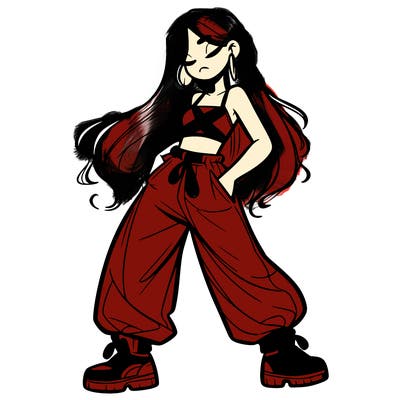 girl in baggy pants crop top and long hair