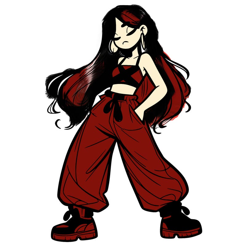 girl in baggy pants crop top and long hair