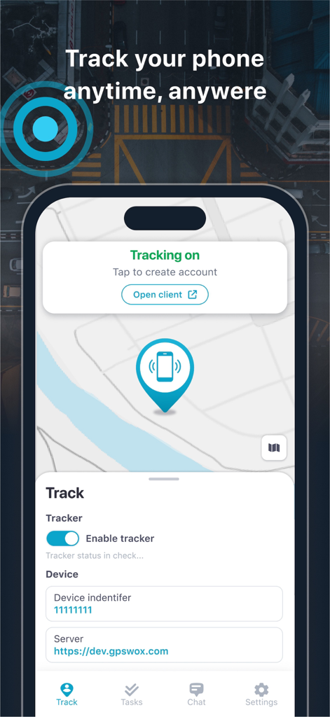Interfaz de la aplicación móvil Track My Phone GPSWOX con rastreo de mapa en vivo y configuración de dispositivo