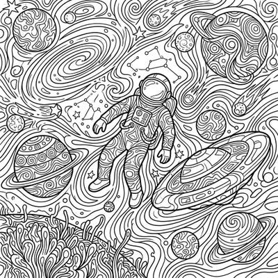 Embark on an extraordinary coloring adventure with this psychedelic space scene. Featuring a floating astronaut amidst swirling planets, stars, and abstract cosmic patterns, it's a truly captivating design.