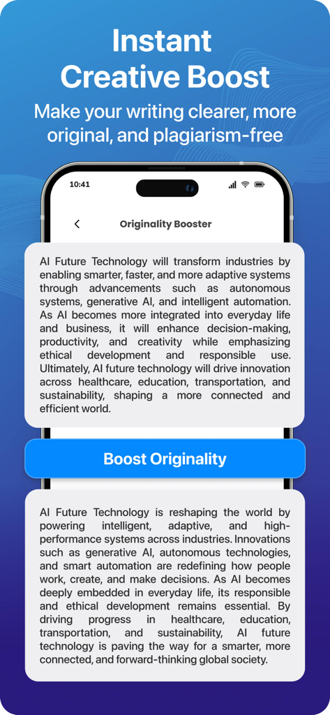 TurniTin app screen showing the Originality Booster feature rewriting text to be clearer and plagiarism free