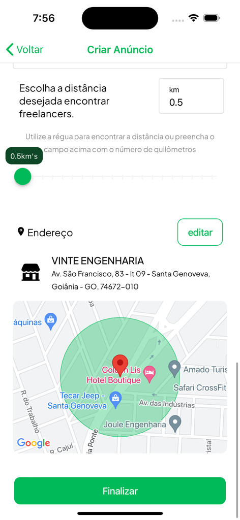 eFreela - Empresas - Map screen in the eFreela app showing a green radius to select the search distance for hiring local freelancers.