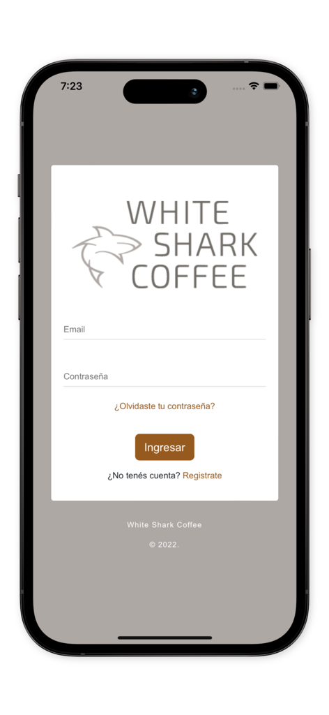 White Shark Coffee - White Shark Coffee app login screen featuring the company logo and fields for email and password