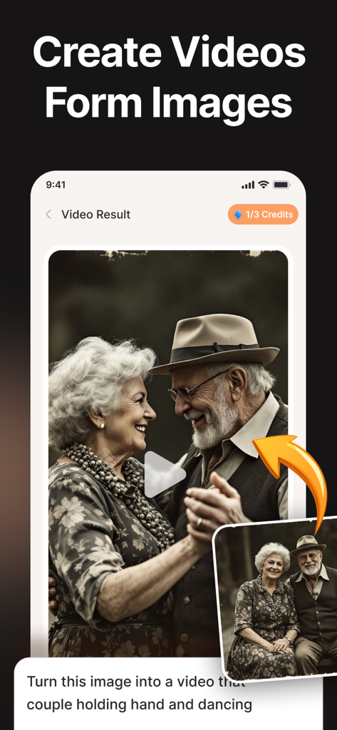 KI-Videogenerator-App-Oberfläche, die ein statisches Foto eines älteren Paares zeigt, das in ein animiertes Tanzvideo umgewandelt wird.