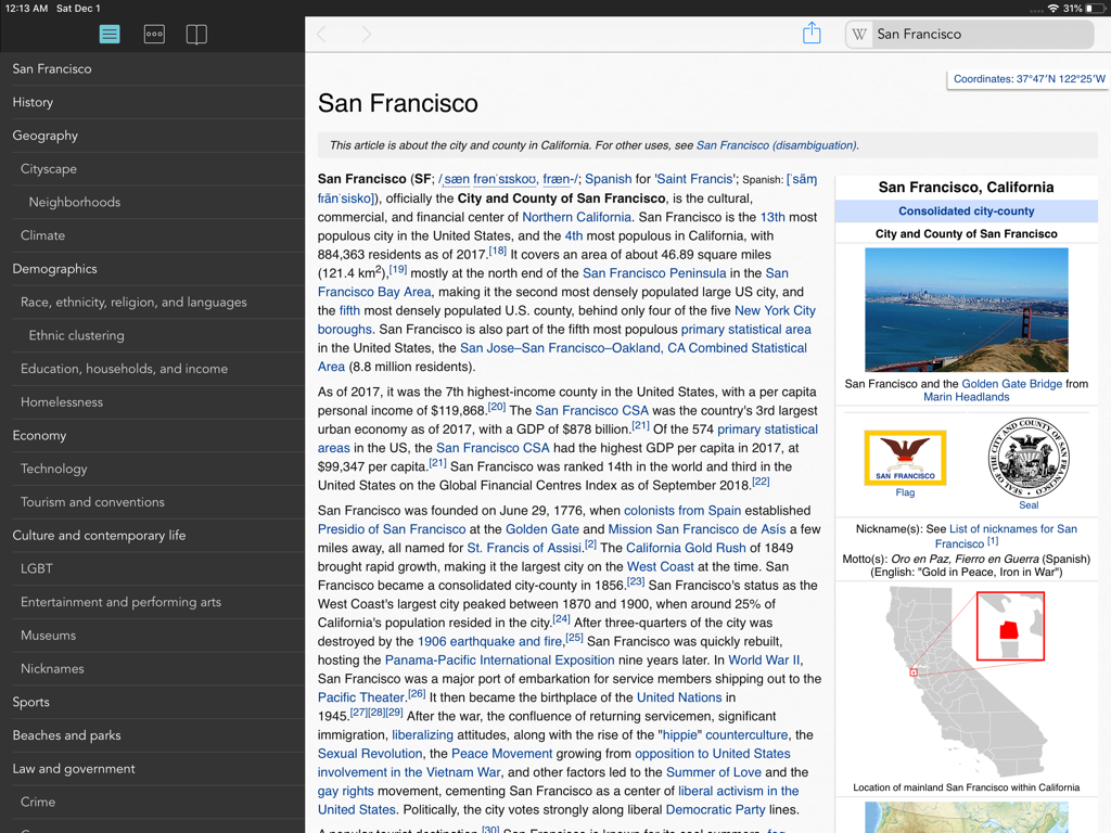 Wikipanion iPad app interface showing a Wikipedia entry for San Francisco with a sidebar navigation