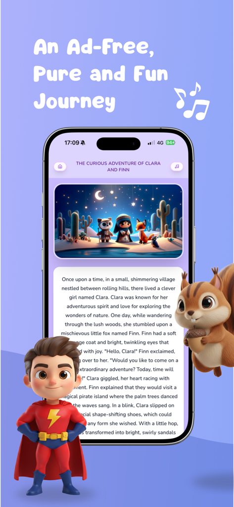 Fablio - Create Your Story! - Mobile screen showing a personalized bedtime story with vibrant 3D illustrations and kid friendly characters