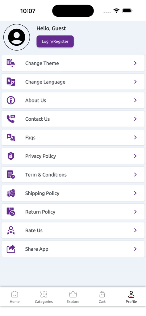 AfnoBazar Online Shopping App - Pantalla de perfil y configuración de usuario de la aplicación móvil AfnoBazar que muestra opciones de inicio de sesión y enlaces de servicio al cliente