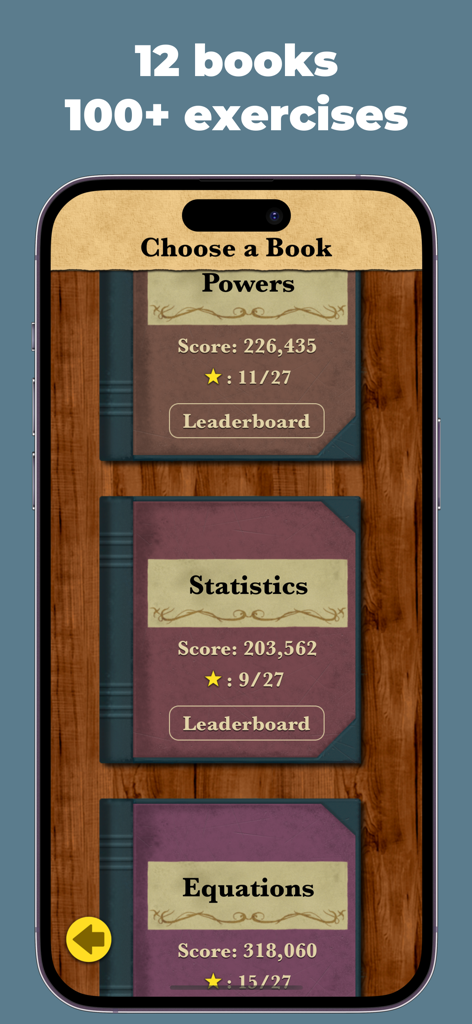 Pantalla de selección en la aplicación King of Math que muestra libros de ejercicios de matemáticas para potencias, estadísticas y ecuaciones