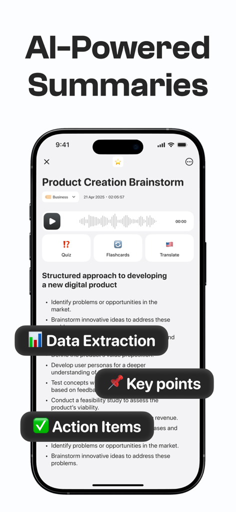 Notee: AI Note Taker - Notee app interface showcasing AI-powered meeting summaries with key points and action items.
