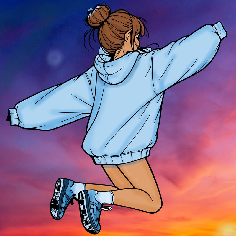 realistic girl jumping with a bun and oversized sweatshirt