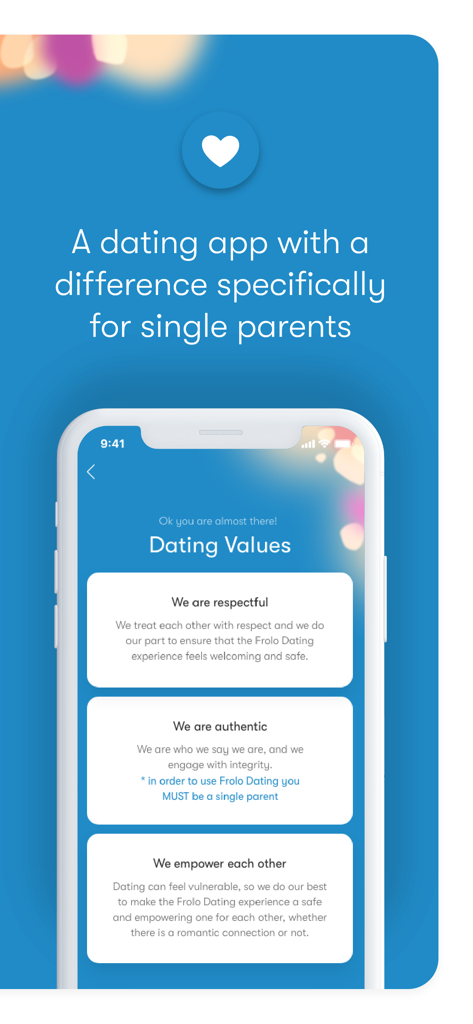 Frolo - single parent app - A screen from the Frolo app detailing dating values for single parents including respect and authenticity.