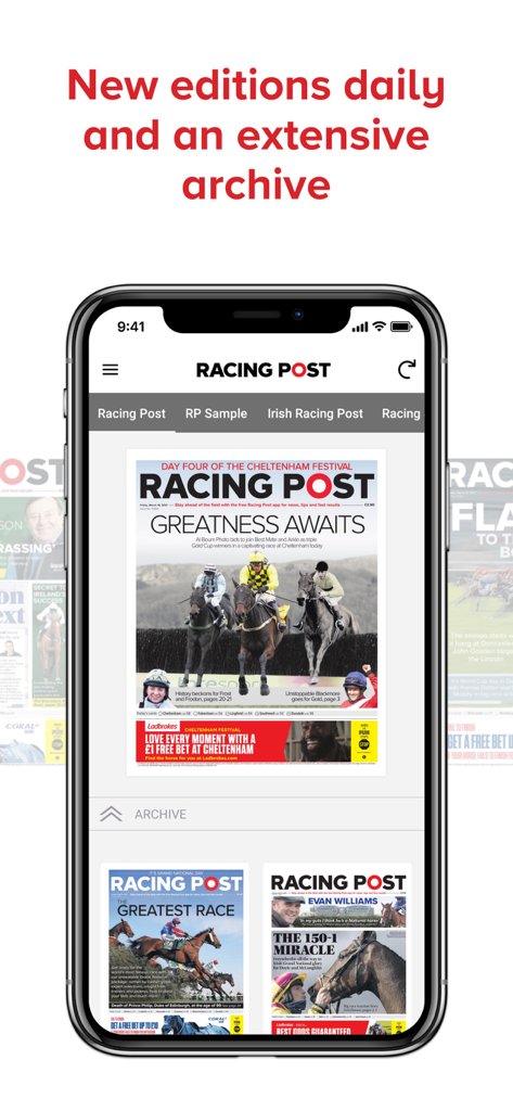 Racing Post Newspaper - Una pantalla de teléfono móvil que muestra la aplicación Racing Post con ediciones diarias de periódicos y una sección de archivo.