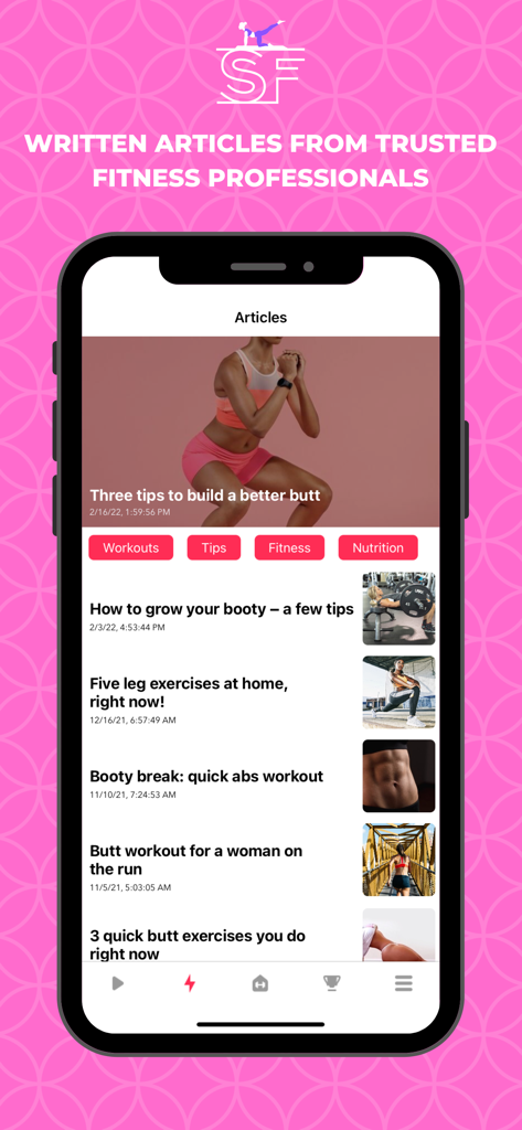 Slim Fitness - Butt Workouts - Interfaz de usuario de la aplicación Slim Fitness que muestra varios artículos de ejercicios y nutrición para mujeres