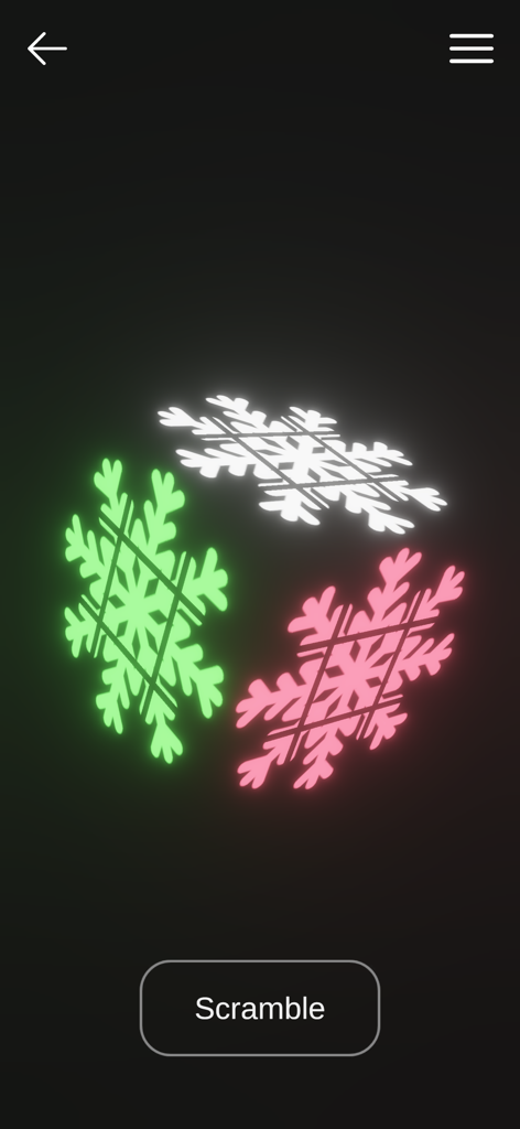 각 면에 빛나는 눈송이 패턴이 있는 디지털 매직큐브와 스크램블 버튼