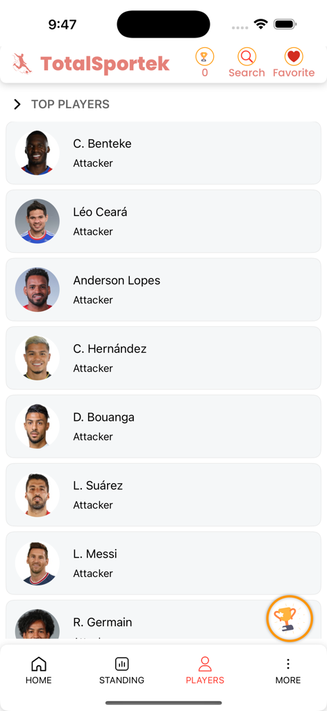 TotalSportek - Live Football - Screenshot of the TotalSportek app displaying a list of top football players including Messi and Suarez