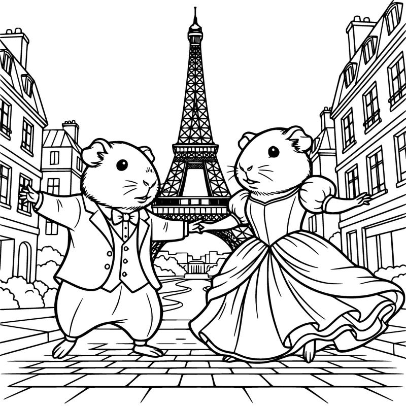 boy guinea pig dressed in a suit and girl guinea pig dressed in a ball gown dancing in paris