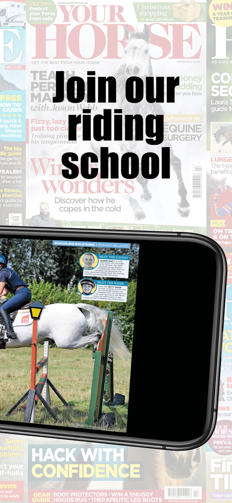 Your Horse - Your Horse app interface showing an equestrian training article and the text Join our riding school
