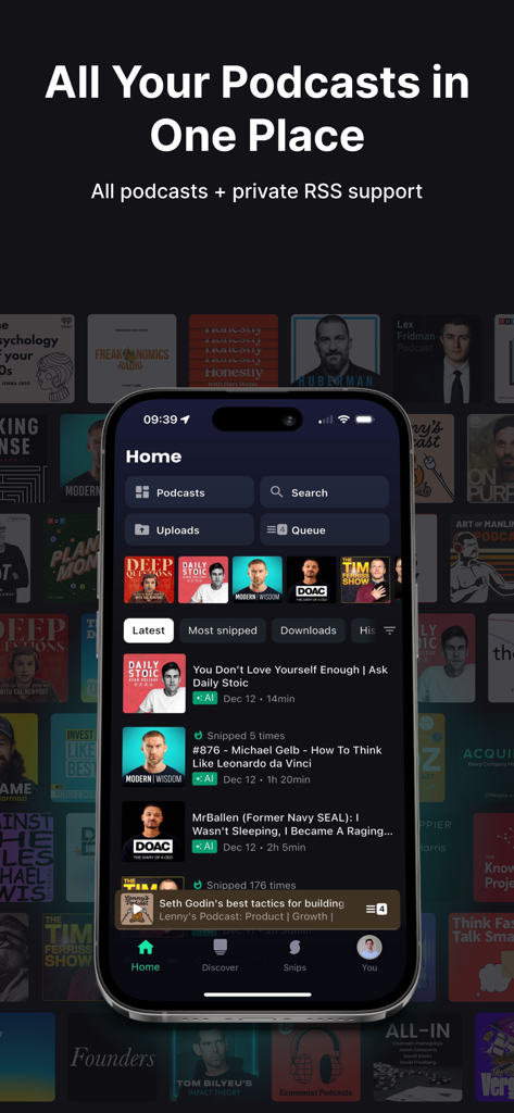Snipd | AI Podcast Player - Snipd AI podcast player home screen showing various podcast episodes and covers